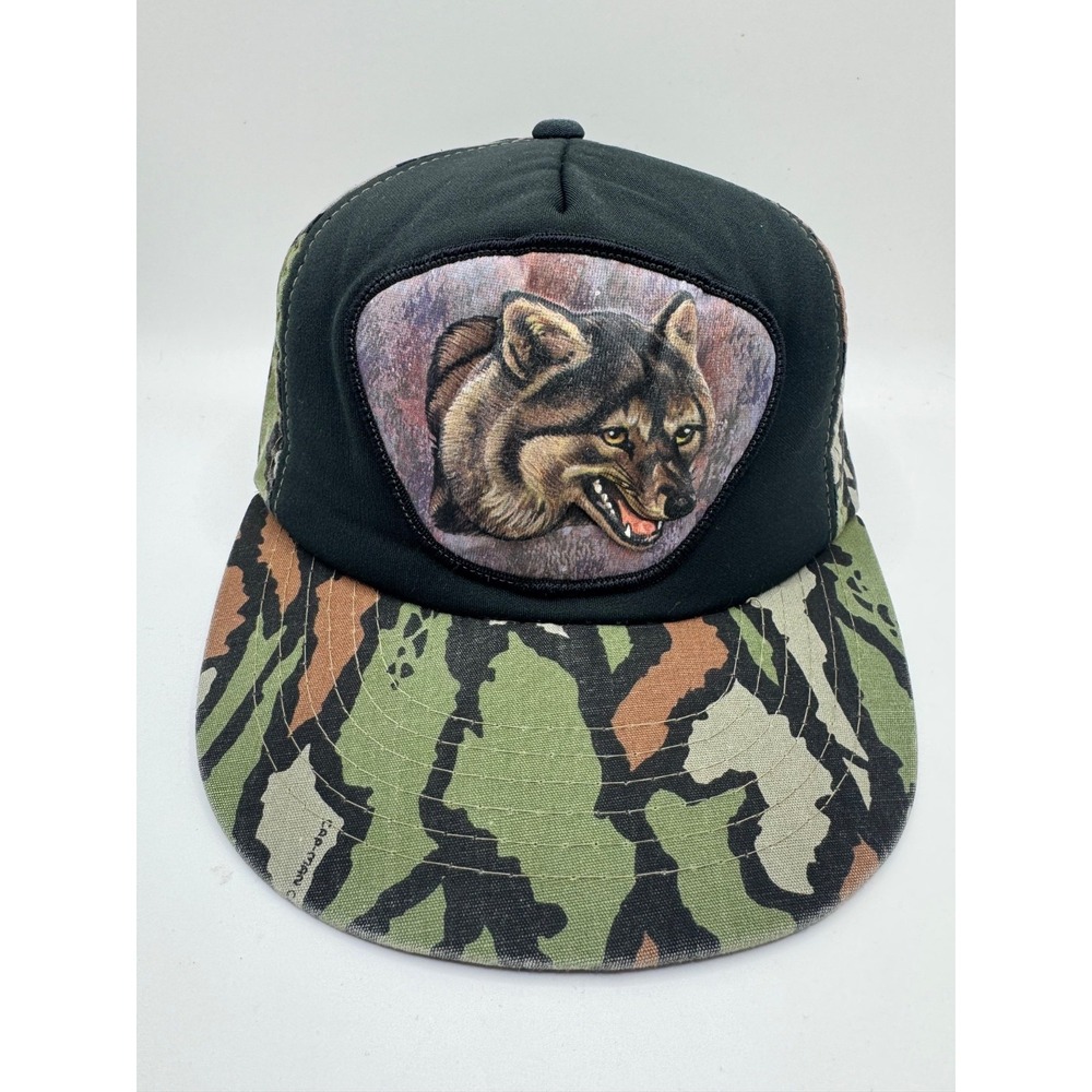 VTG 90s Wolf 3D Camo Snapback Hat Cap-Man Made Korea Hunting Wildlife Trucker